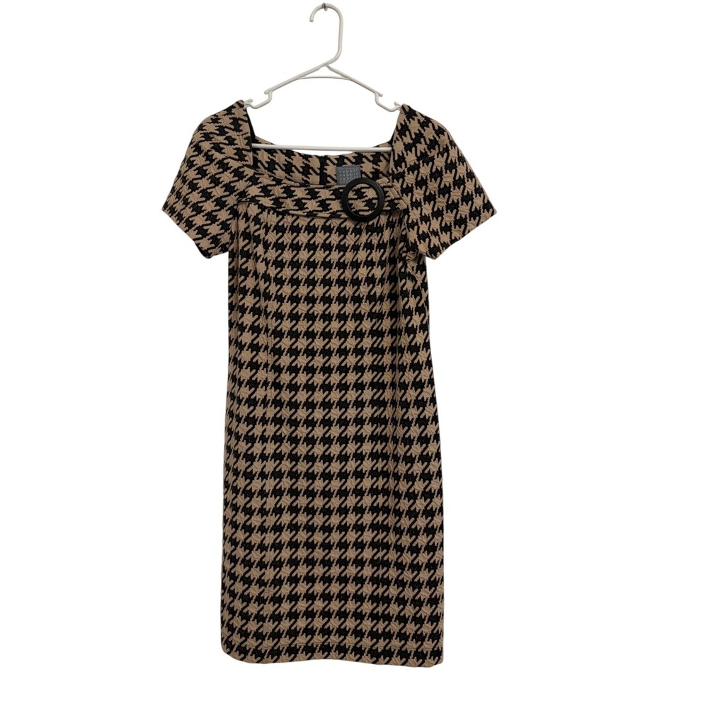 Rabbit Design Tan Black Houndstooth Sheath Dress Size 8 Vintage